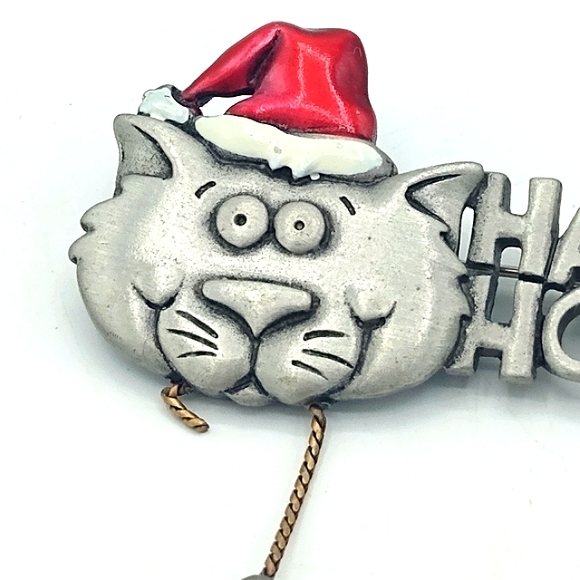 JJ Jonette Vintage Santa Hat Cat Mouse Dangle Brooch Happy Holidays Pin 2.75" - Picture 8 of 12